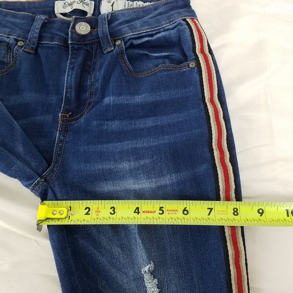 Indigo Rein Jeans Juniors 1 Mid Rise Ankle Distressed Stripe Accent Blue Denim - Picture 5 of 14
